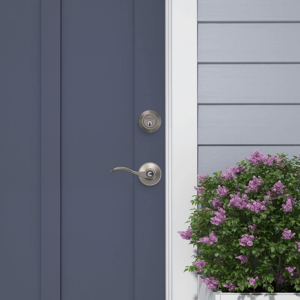 Schlage Home Essentials Kenley Satin Nickel Single Cylinder Deadbolt and Keyed Entry Door Handle Combo Pack (2)