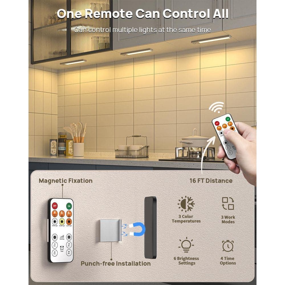 Wudkey 5-Pack 9 in. White Wireless Under Cabinet Lights with Remote Control, 3-Color Dimmable Closet Lighting for Cabinet (2)