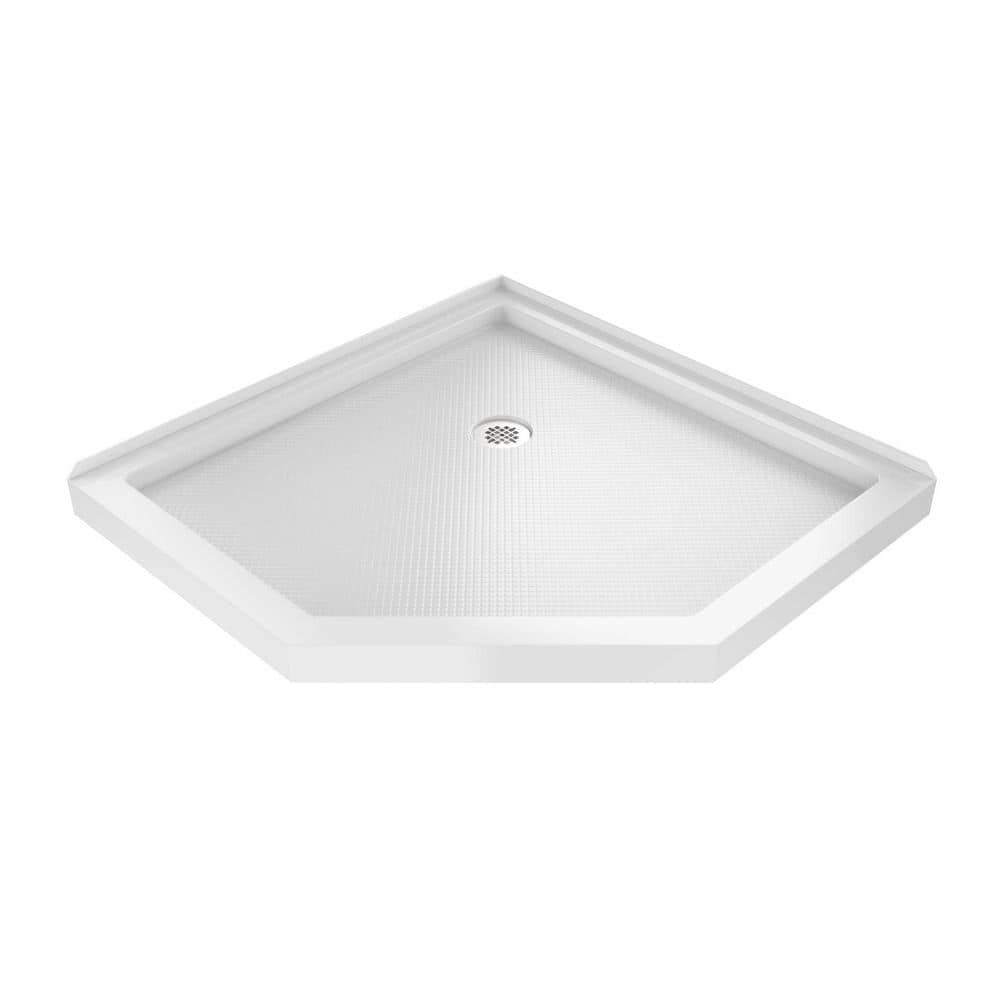 DreamLine SlimLine 36 in. L x 36 in. W Corner Neo Angle White Shower Pan Base with 2 in. Round Corner Drain in Brushed Nickel (1)