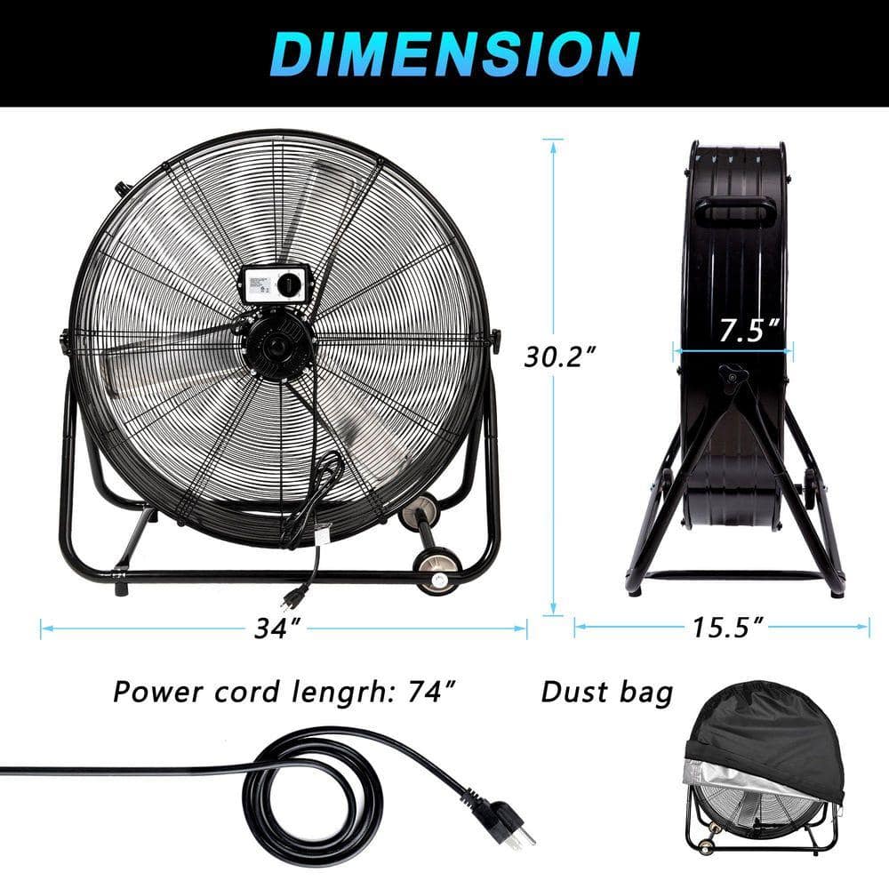 WOCK 30 in. Industrial Drum Fan, 3-Speed ​​11000 CFM High Velocity Air Mover for Warehouse, Workshop, Factory - Black (3)