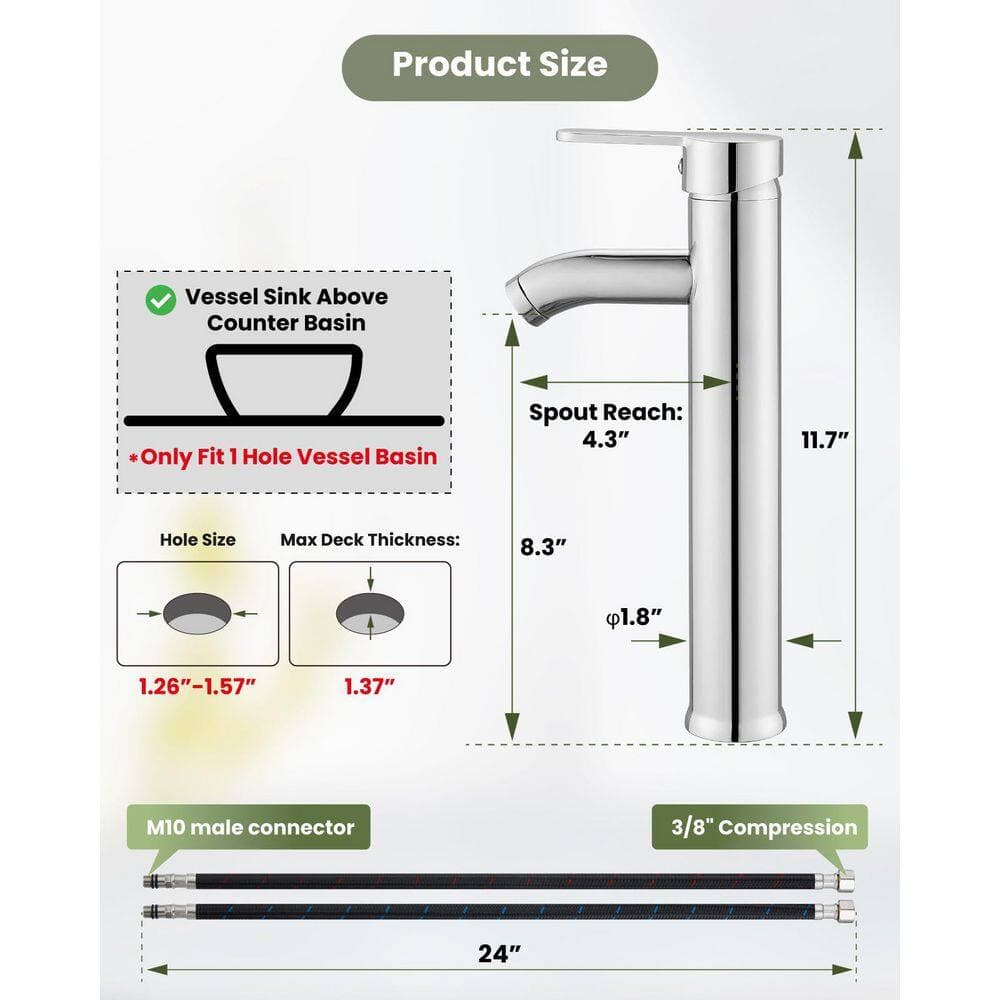 Wudkey 3-Piece Bathroom Accessory Set in Polish Chrome, Vessel Sink Faucet with Supply Lines and Metal Pop Up Drain (3)