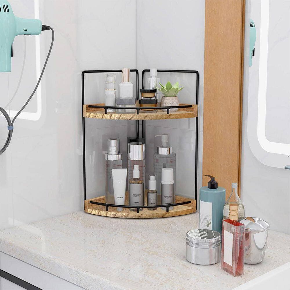 KHKFY 2-Tier Wood and Metal Bathroom Counter Organizer Shelf 7.7 x 7.7 x 13.6 in. for Skincare and Vanity Brown (3)