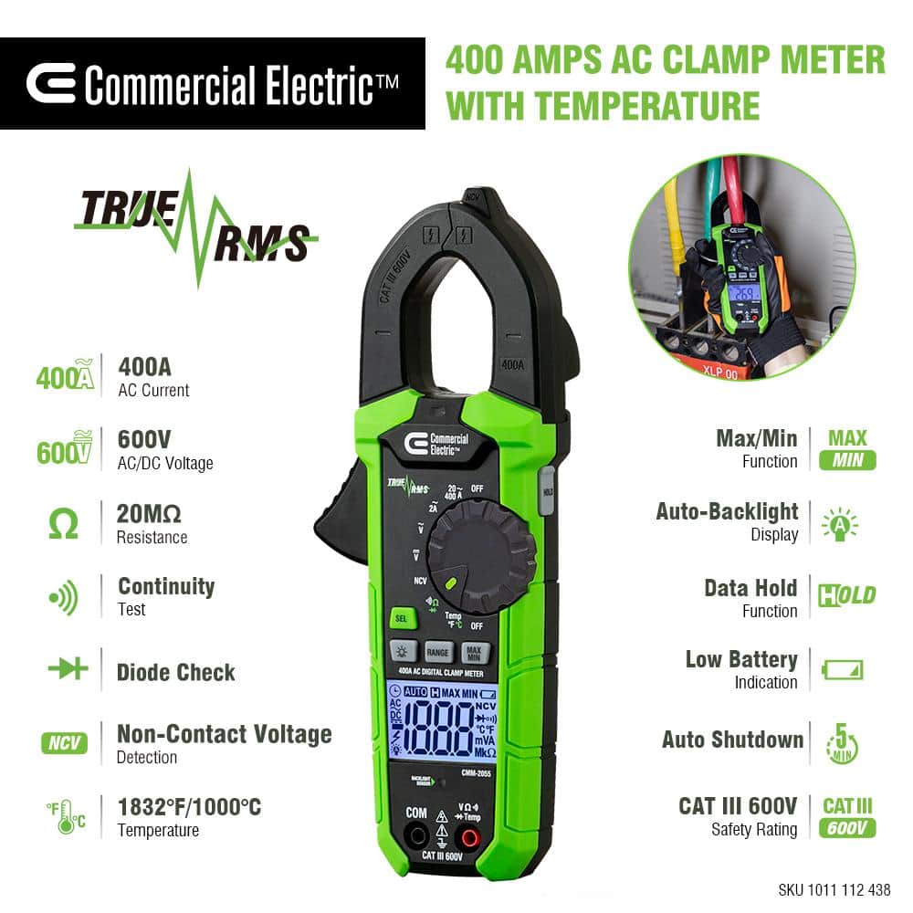 Commercial Electric 400 Amp AC True RMS Digital Clamp Meter with Temperature (3)