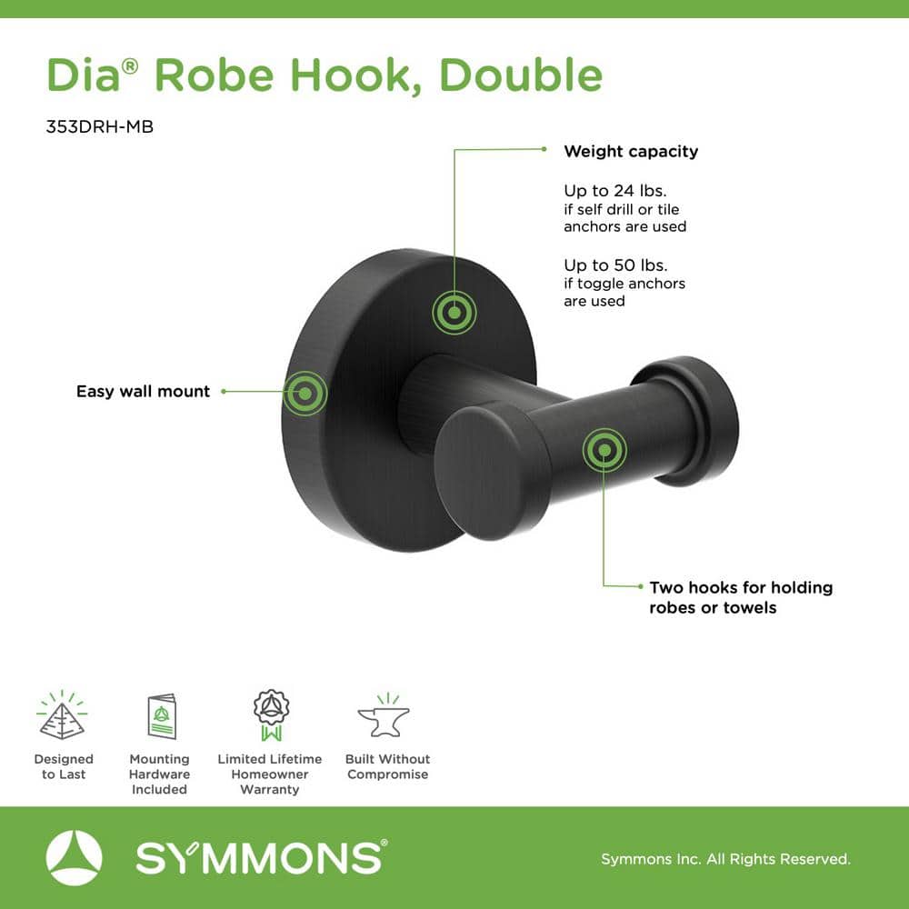 Symmons Dia Knob Wall Mounted Bathroom Double Robe/Towel Hook in Matte Black (3)