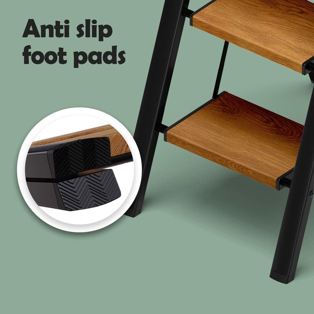 Laybus 3-Step 8.67 ft. Reach Black and Woodgrain Aluminum Step Stool, 330 Load Capacity Type IA Duty Rating, Lightweight (3)