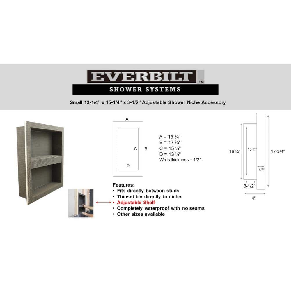 Everbilt Watershield Shower System 13.25 in. x 15.25 in. x 3.5 in. Shower Niche With Adjustable Shelf (2)