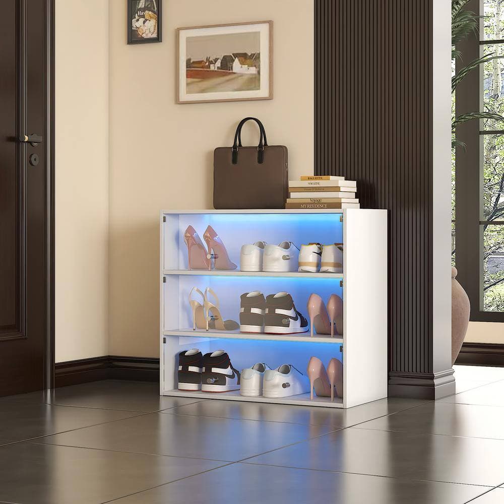 Unbranded 31.3 in. W x 14.76 in. D x 28.35 in. H White Shoe Cabinet Linen Cabinet with White Glass Door and Led Light (2)