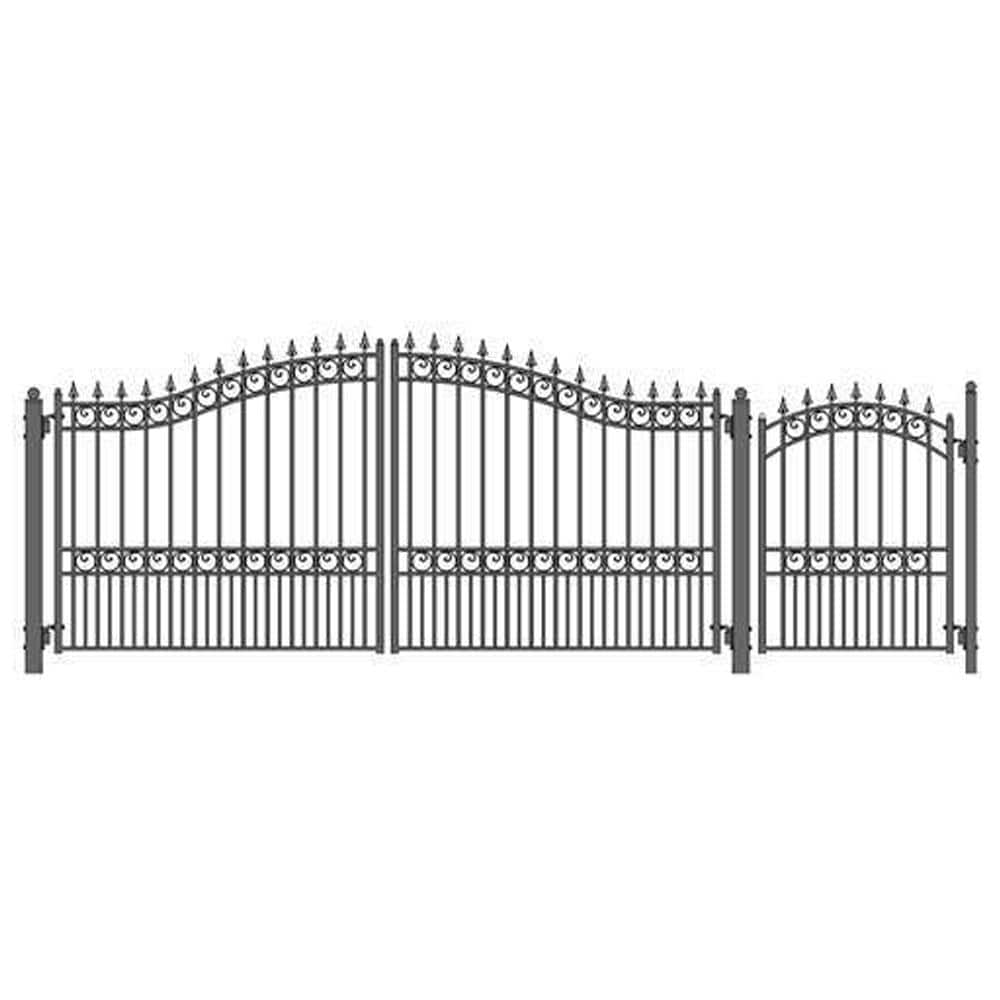 ALEKO London Style 14 ft. x 6 ft. with Pedestrian Gate Black Steel Swing Dual Driveway Fence Gate (1)
