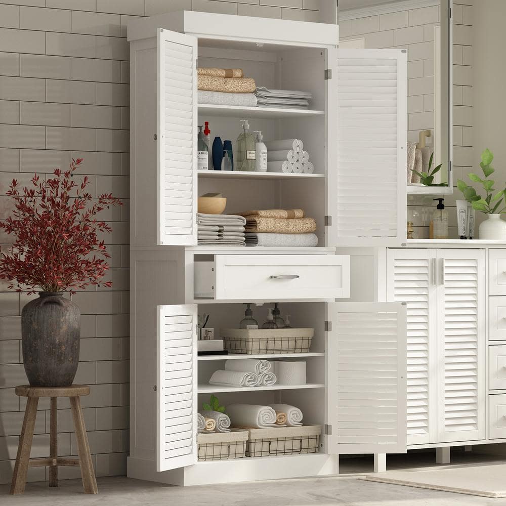 FUFU&GAGA 30 in. W x 15.7 in. D x 71.6 in. H White Wood Freestanding Linen Cabinet Bath Cabinet with Louvered Doors and Drawer (2)