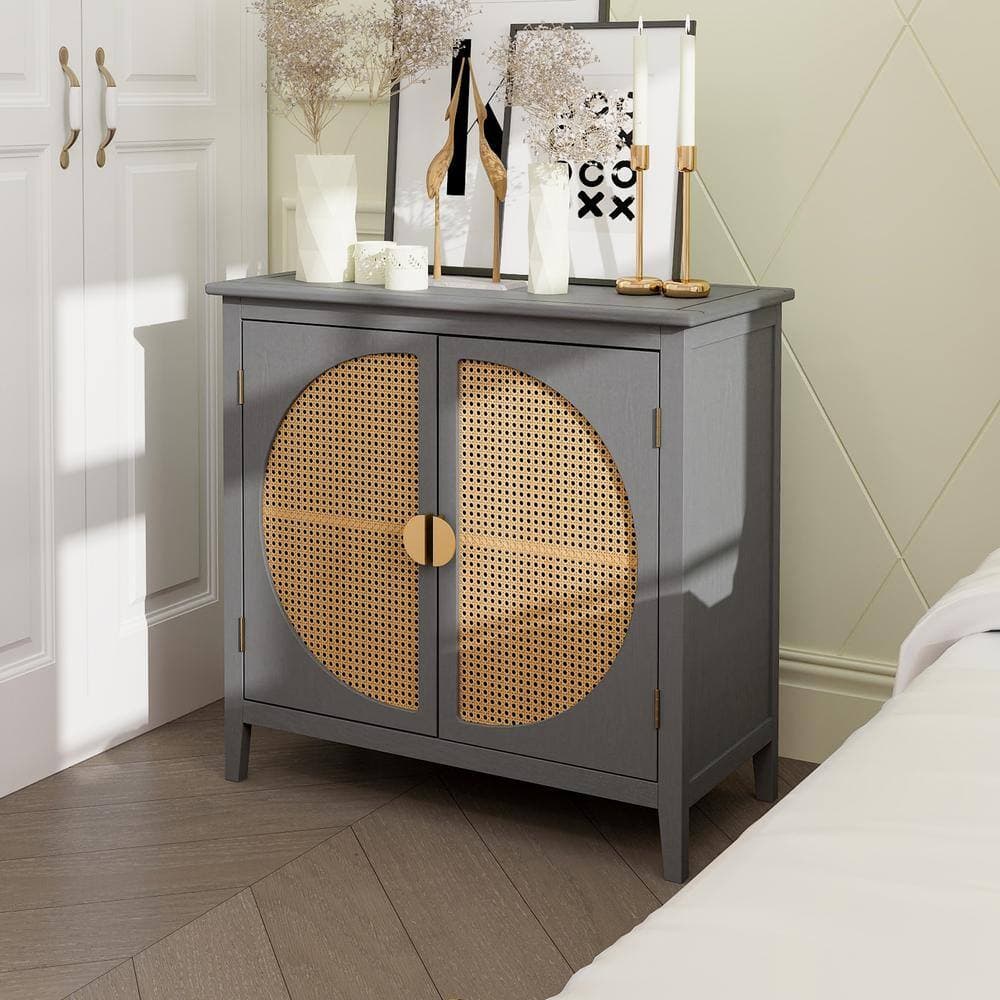 Unbranded 31.5 In. W X 14.96 In. D X 30.91 In. H Light Gray Linen Cabinet with Semicircular Elements, Natural Rattan Weaving (2)