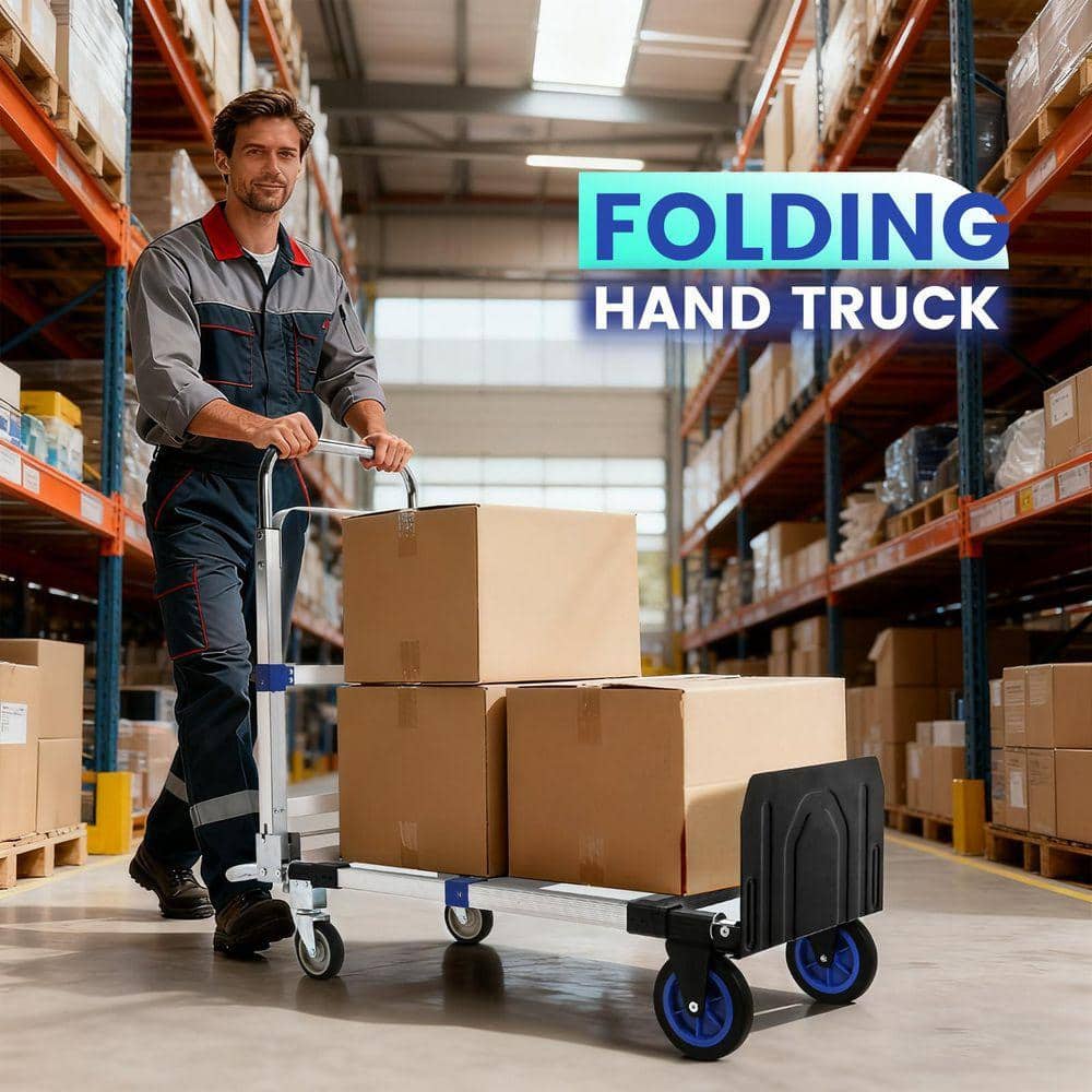 Primehome 3 in 1 Folding Hand Truck, 600 lb Capacity, Aluminum Frame with 4 Wheels and Adjustable Handle for Home and Warehouse (3)