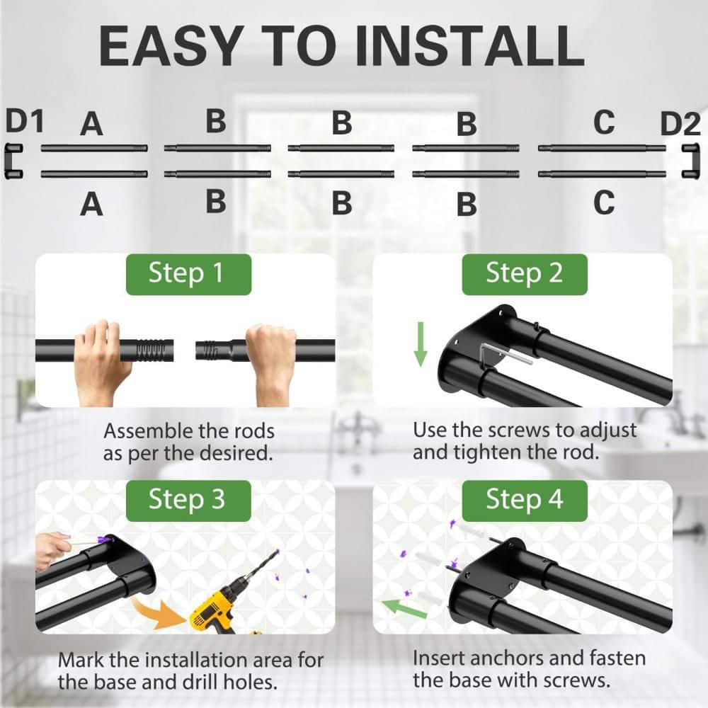 Numhew 28-76 in. Wall Mounted Double Shower Rod, Rustproof Shower Curtain Pole for Bathroom, Laundry Room, Bathtub, Black (3)