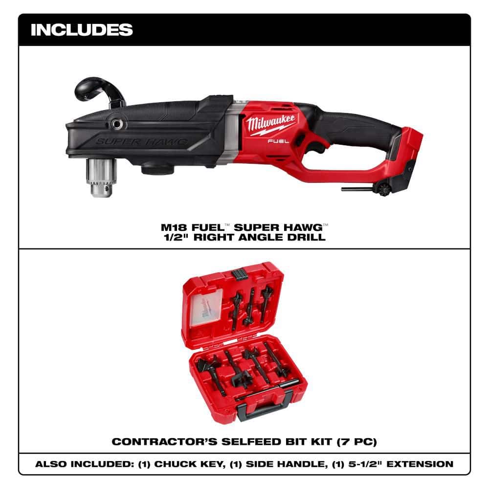 Milwaukee M18 FUEL 18V Lithium-Ion Brushless Cordless GEN 2 SUPER HAWG 1/2 in. Right Angle Drill w/ Wood Boring Set (2)
