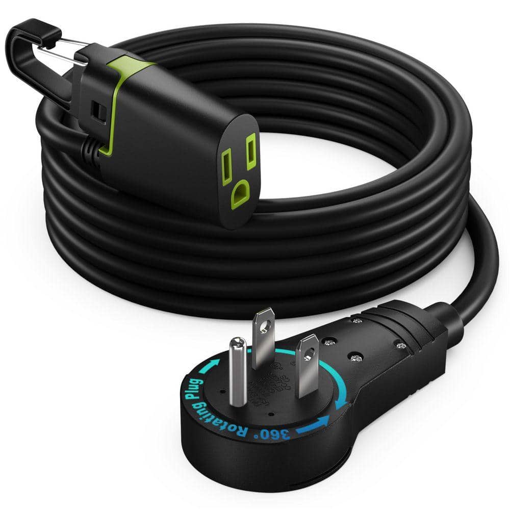 MAXIMM 10 ft. 16 / 3 Light Duty Indoor Extension Cord 360° Rotating Flat Plug 1-Outlet with Handle with Hook Black (1)