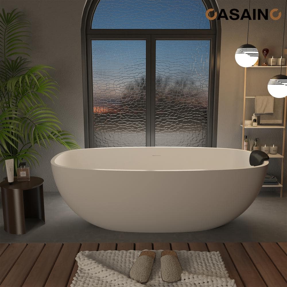 CASAINC 71 in. x 22 in. Solid Surface Stone Free Standing Tub Soaking Bathtub in White with Black Bathtub Pillow (3)
