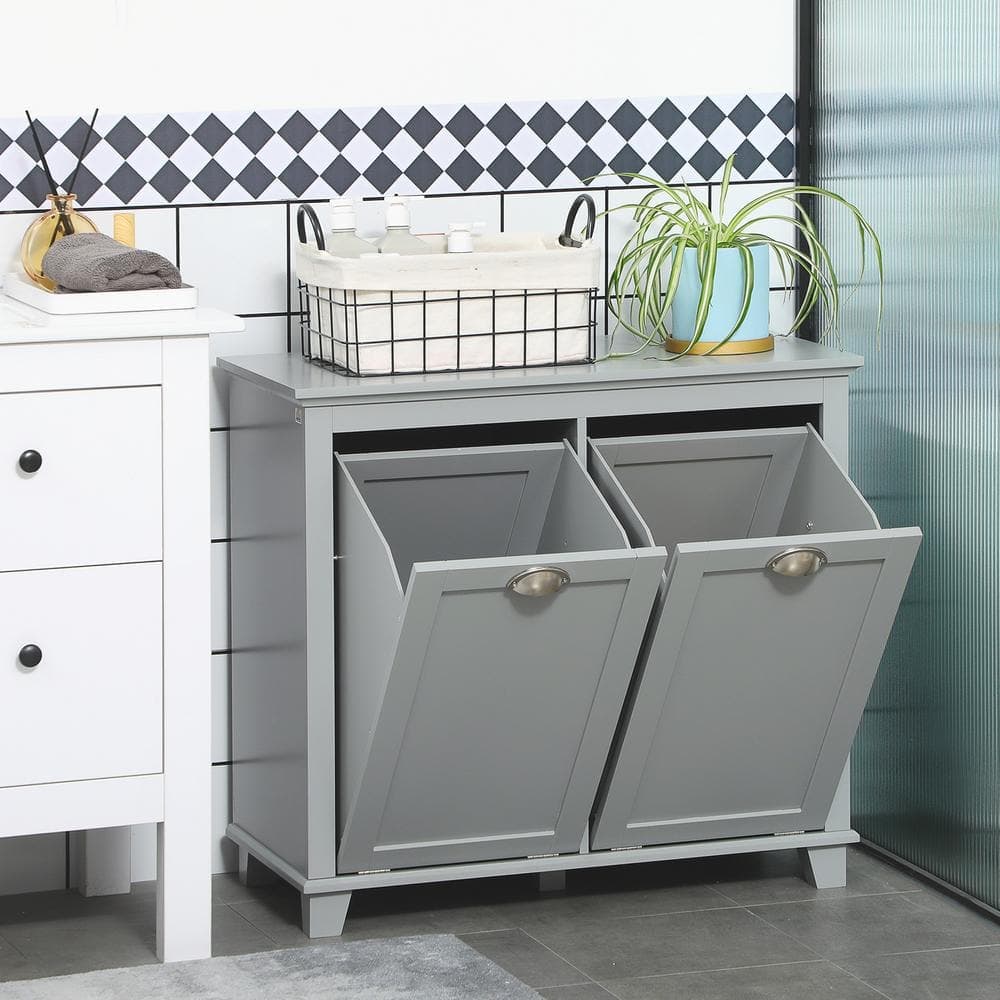Lycvki 30 in. W x 15.75 in. D x 27.5 in. H Gray Linen Cabinet with Two-Compartment Tilt-Out Hamper (3)