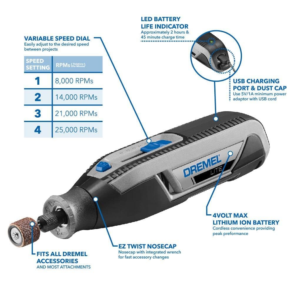 Dremel Lite 4V Variable Speed Cordless USB Rotary Tool Kit with 11pc Carving and Engraving Rotary Accessory Kit (2)