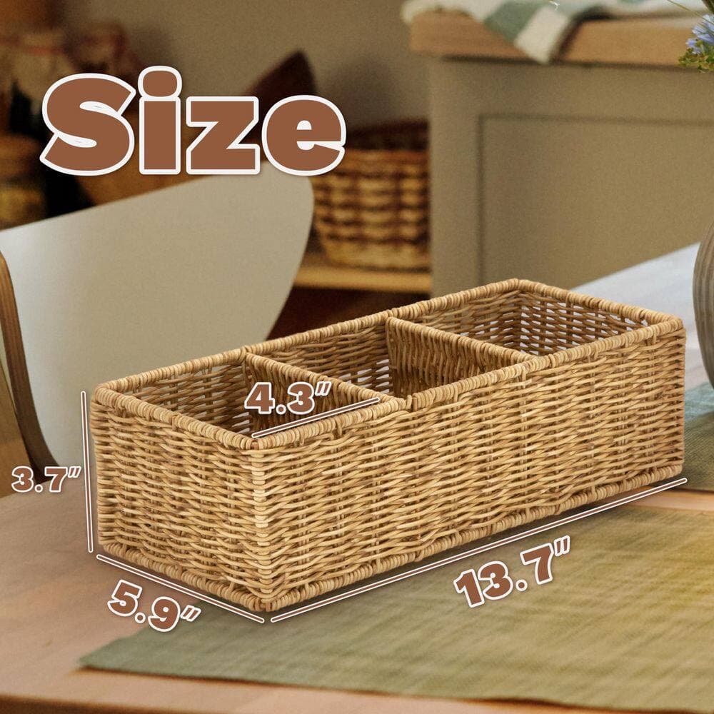 Numhew 1-Pack Resin Woven Storage Basket with Dividers, Bathroom Trays With 3-Compartments , Metal Support Wires in Tan Color (2)