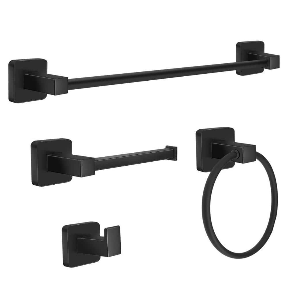 Unbranded Matte Black 4-Piece Towel Hardware Set: 17 in Bar, Ring, Hooks & Toilet Paper Holder for Bathroom kit