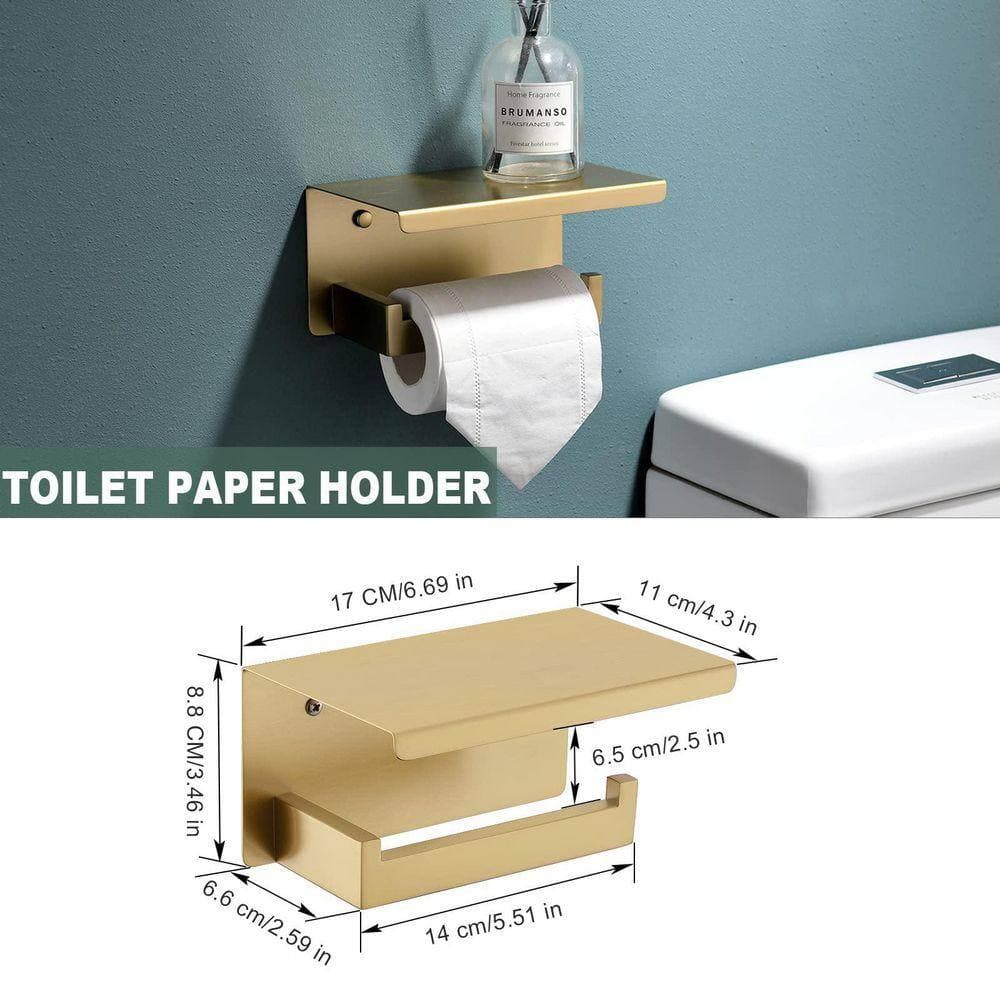 Unbranded 4-Piece Bathroom Hardware Set with Towel Bar Toilet Paper Holder Shelf and Hooks in Brushed Gold Finish Wall Mounted (3)
