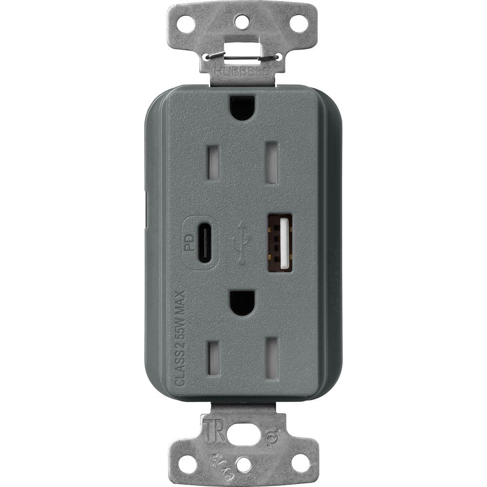 Lutron Claro 15 Amp Tamper Resistant USB Type A/C Duplex Receptacle, Decorator Style Outlet, Satin Finish, SCR-15-ACTR-SL, Gray (1)