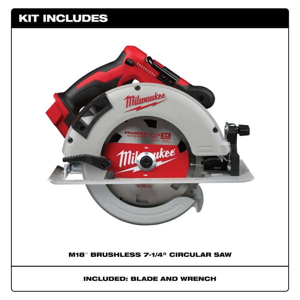 Milwaukee M18 18V Lithium-Ion Brushless Cordless 7-1/4 in. Circular Saw (Tool-Only) with 24-Tooth Carbide Framing Blade (2)