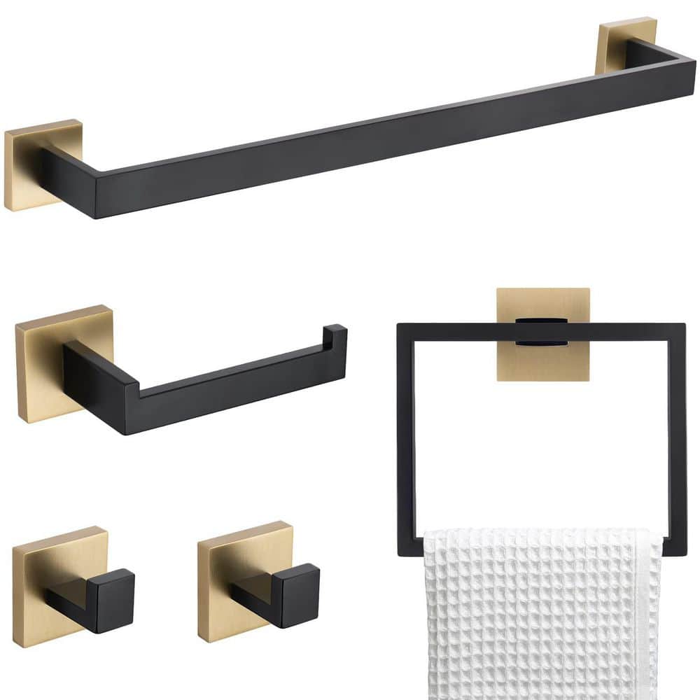 KHKFY 5-Piece Bathroom Hardware Accessories Set Towel Bar Set Wall Mounted Stainless Steel in Black and Gold (1)