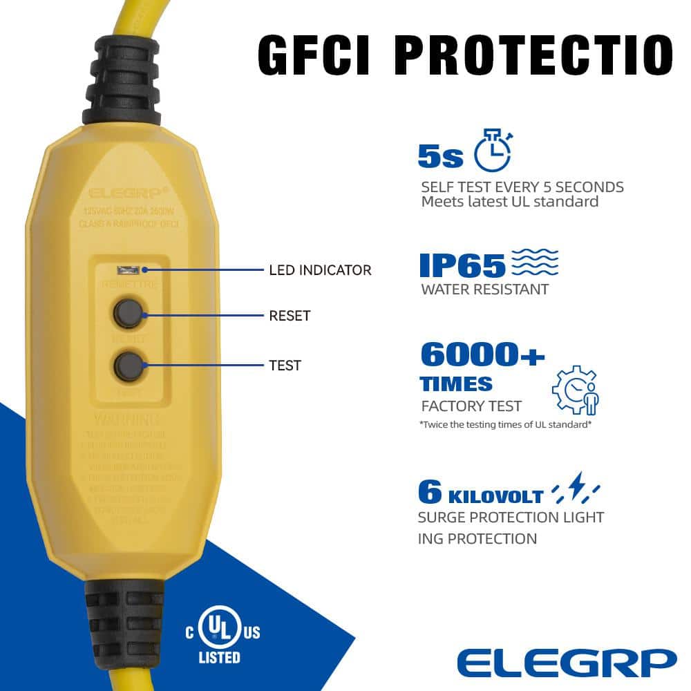 ELEGRP 2 ft. 15 Amp In-Line Self-Test Automatic Reset Portable GFCI Plug with 3-Outlet Cord, Yellow (2)