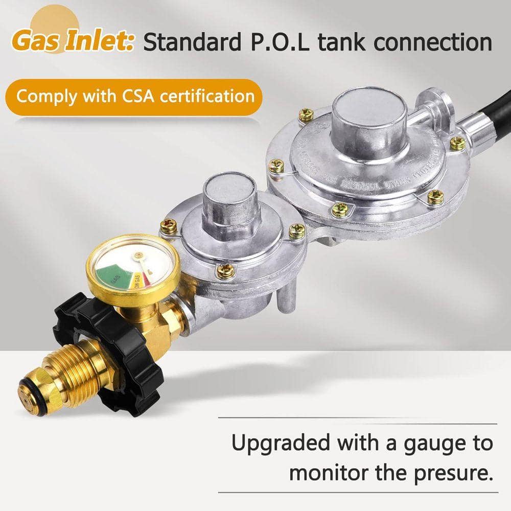 Lukvuzo Upgraded Two Stage Propane Regulator w/ 10ft Hose & Gauge 3/8in Flare Fitting for Grill Heaters Fire Pit Gas Generator (2)