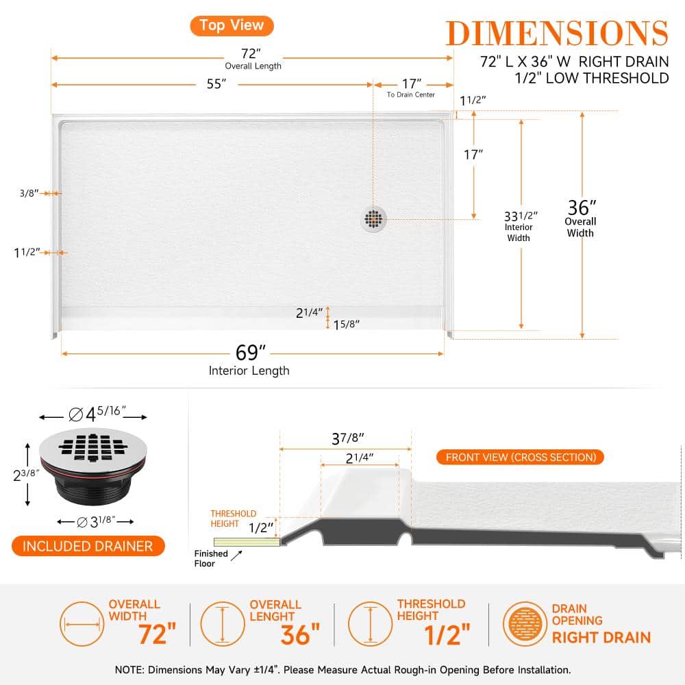 CRENRIDGE AVORA 72 in. L x 36 in. W  Low Threshold Shower Pan Base with Right Drain ADA Accessible Barrier Free  in White (2)