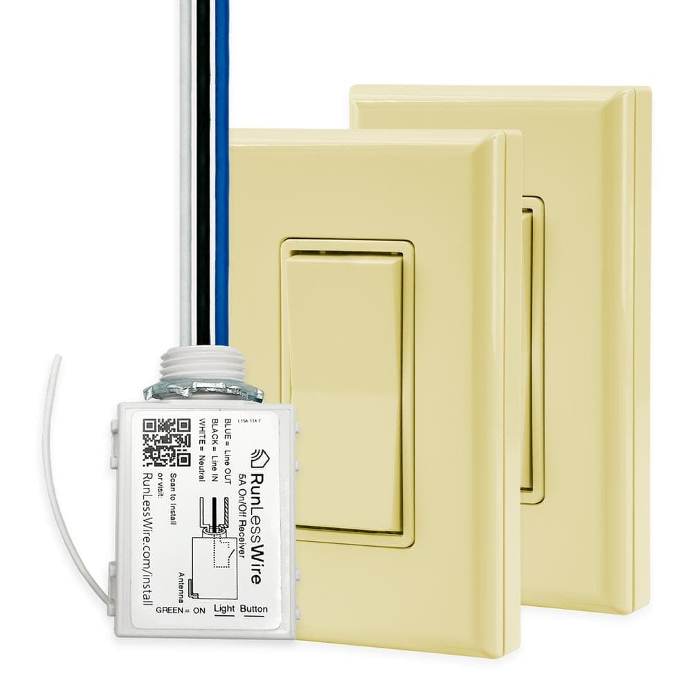 RunLessWire 3-Way Battery-Free Wireless Light Switch Kit, 2-Remote Switches Control 1 On/Off 5amp Receiver - Ivory