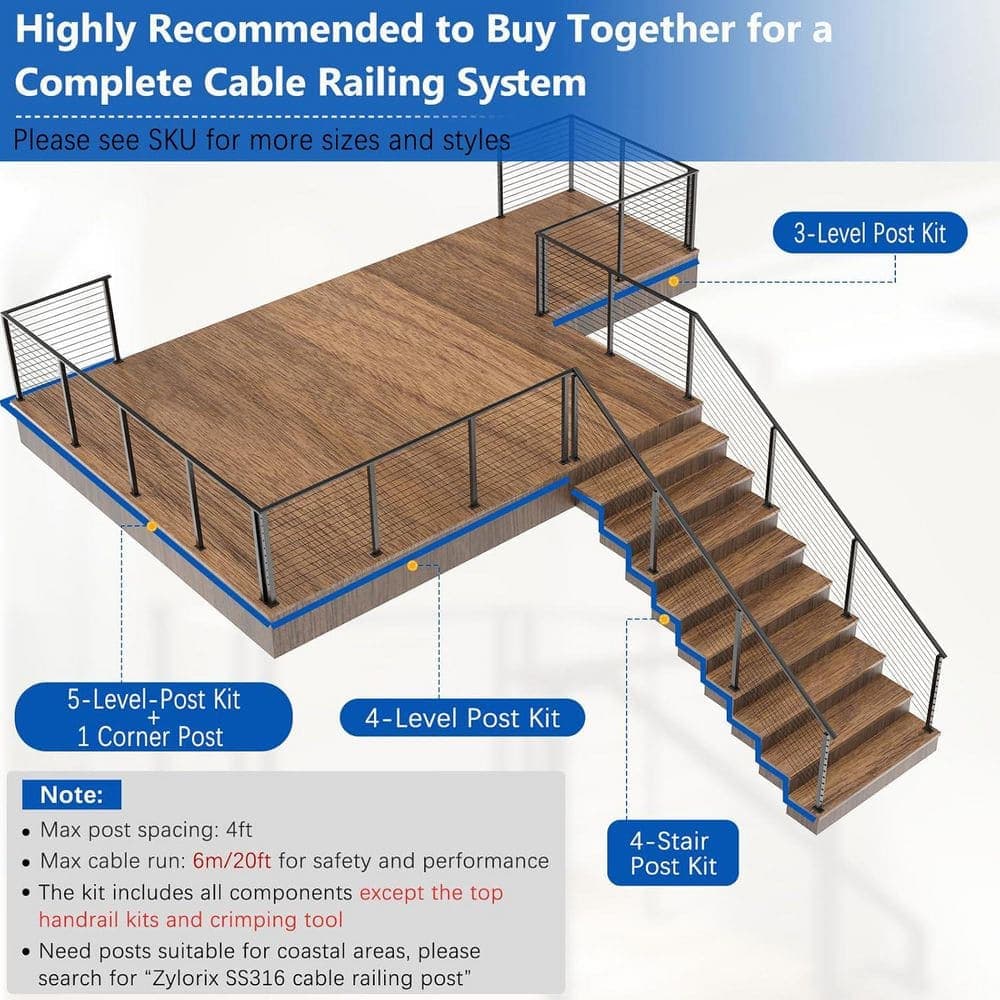 KIWDZFU Flexible DIY 1+1 42 in. H x 2 in. W Black T304 Metal Stair Railing Kit (3)