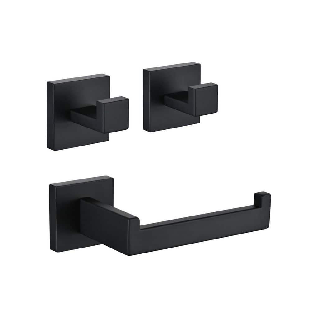 LAIFUCAM 3 Piece Bathroom Hardware Set with Toilet Paper Holder and 2-Square Towel Hooks in Matte Black Finish (1)