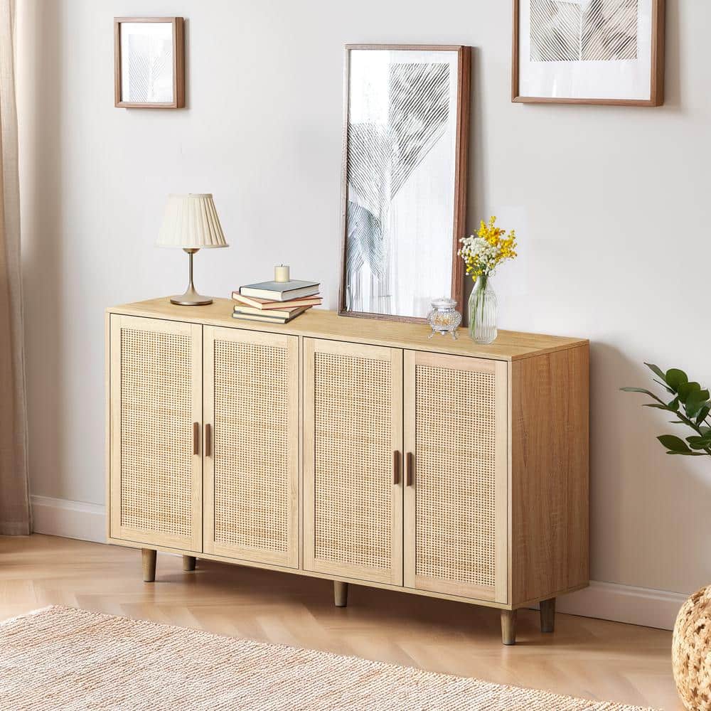 Unbranded 62.2 in. W x 15.75 in. D x 34.65 in. H Brown Linen Cabinet with 4-Door Rattan Decorative Cabinet for Living Room, Office (2)