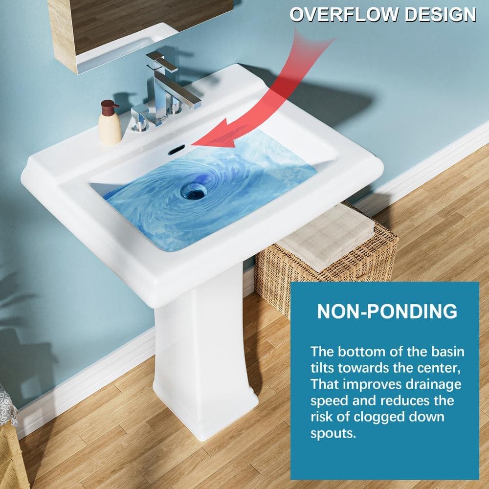 Aguamaph 26 in. Pedestal Combo Bathroom Sink White Vitreous China Rectangular Pedestal Sink for Bathroom Combo Sink with Overflow (3)