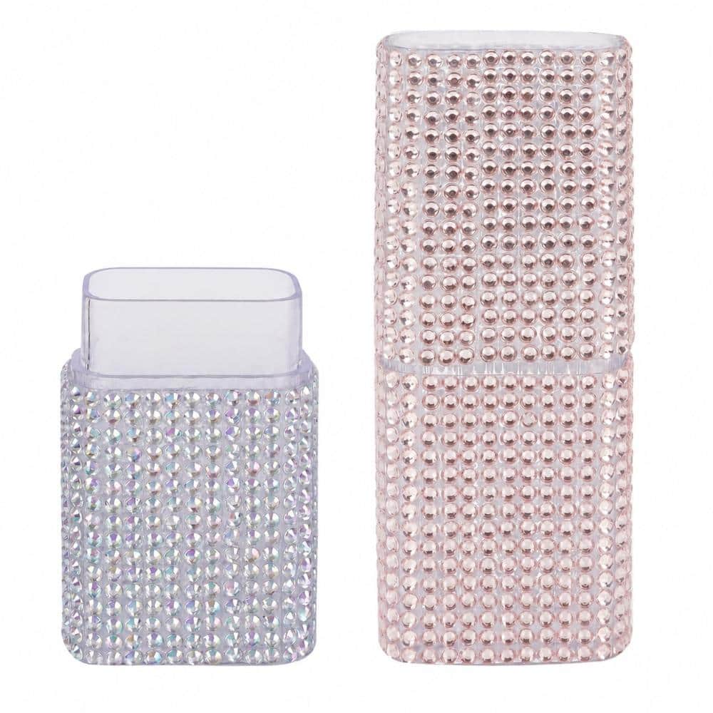 Unbranded Travel Cotton Swab Floss Holder Set Compact Diamond Inlay Plastic Box Pink Multicolor Bathroom Jars 2Pack (1)