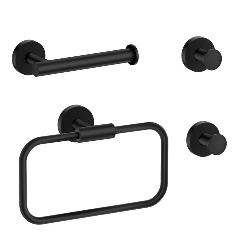 BWE 4-Piece Bath Hardware Set with Toilet Paper Holder, Towel Ring and 2-Towel Hook in Matte Black (1)