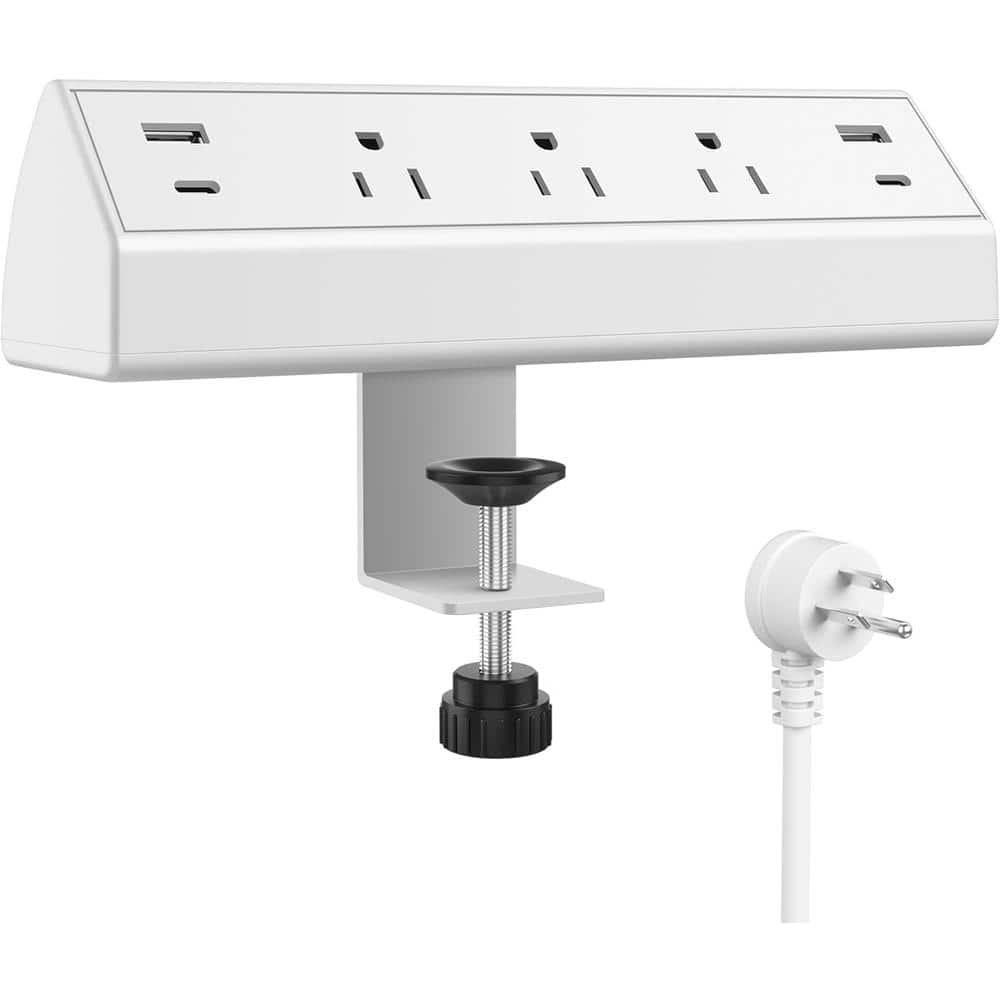 Yichuhaoxi 6 ft. Cord Flat Plug 3-Outlets Desk Clamp Power Strip Surge Protector with 2 USB-A, 2 USB-C 20-Watt Ports in White (1)