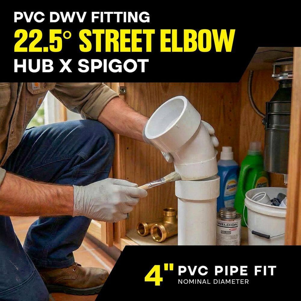PLUMBFLEX 4" White Rigid PVC DWV 1/16 Bend 22.5° Street Elbow, Hub x Spigot Plumbing Fitting for Drain Waste & Vent System (10 Pk) (3)