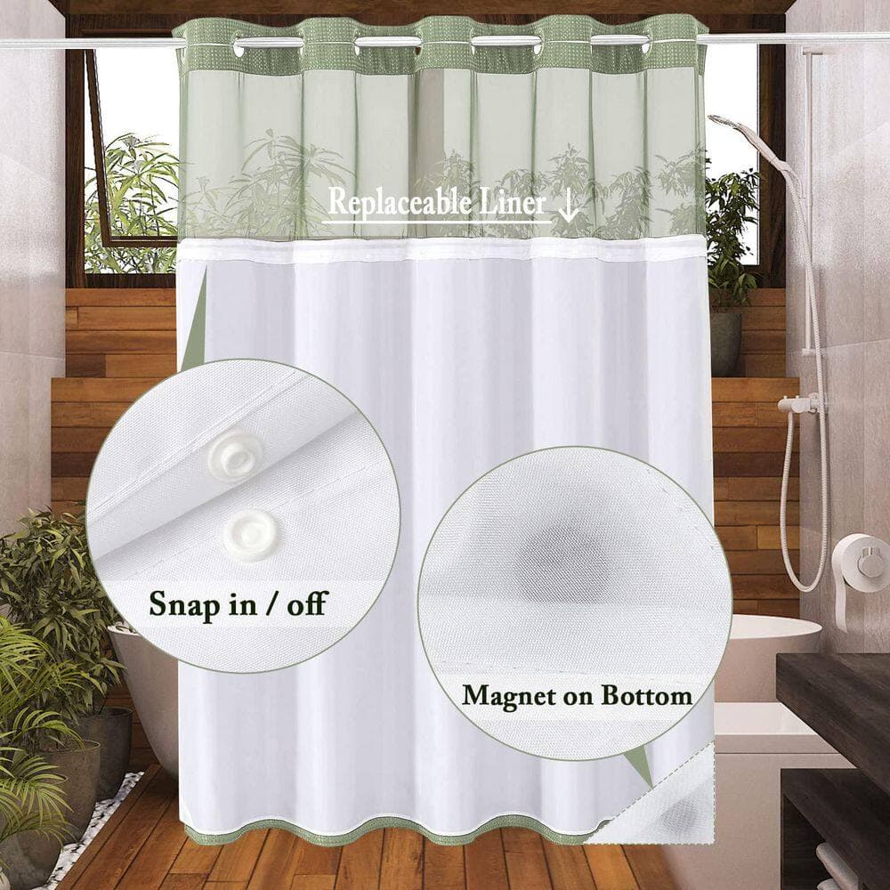 Anqtovp 72 in. W x 74 in. L Waffle Weave Shower Curtain in Sage Green with Mesh Window Removable Liner Hotel Style 1 Set All (3)