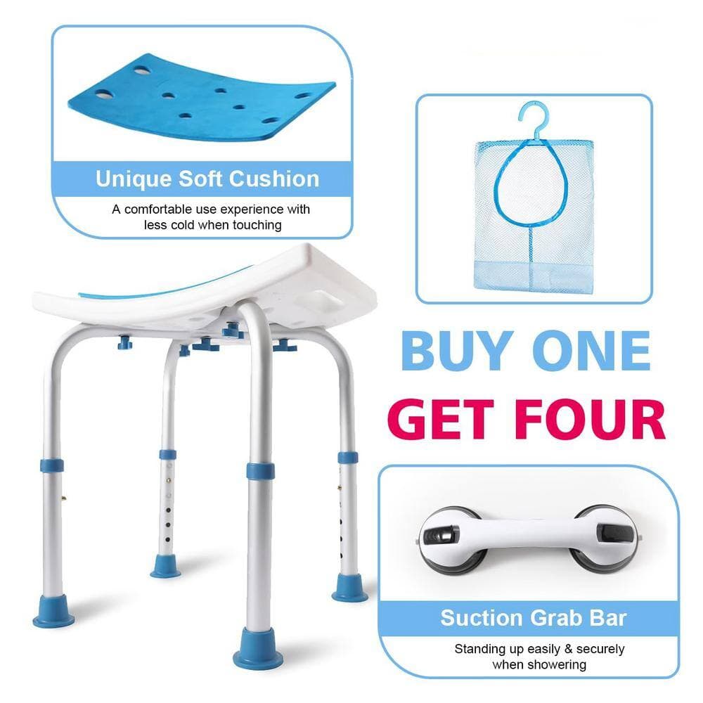 Numhew Aluminum Shower Stool in Blue and White with Assist Grab Bar and Toiletry Bag, Shower Chair Shower Seat for Seniors (2)