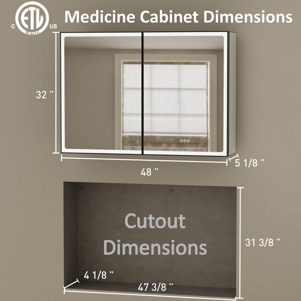 HBEZON Amelia 48 in. W x 32 in. H Rectangular Aluminum Medicine Cabinet with Mirror, Adjustable Shelf, Dimmable Light, Anti-Fog (3)