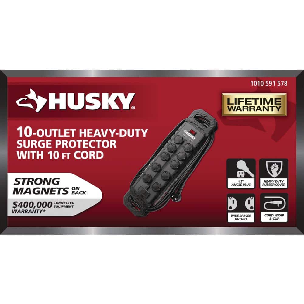 Husky 10 ft. 14/3 Heavy Duty 10-Outlet 4200 Joule Surge Protector with USB-A and USB-C ports, Black (2)