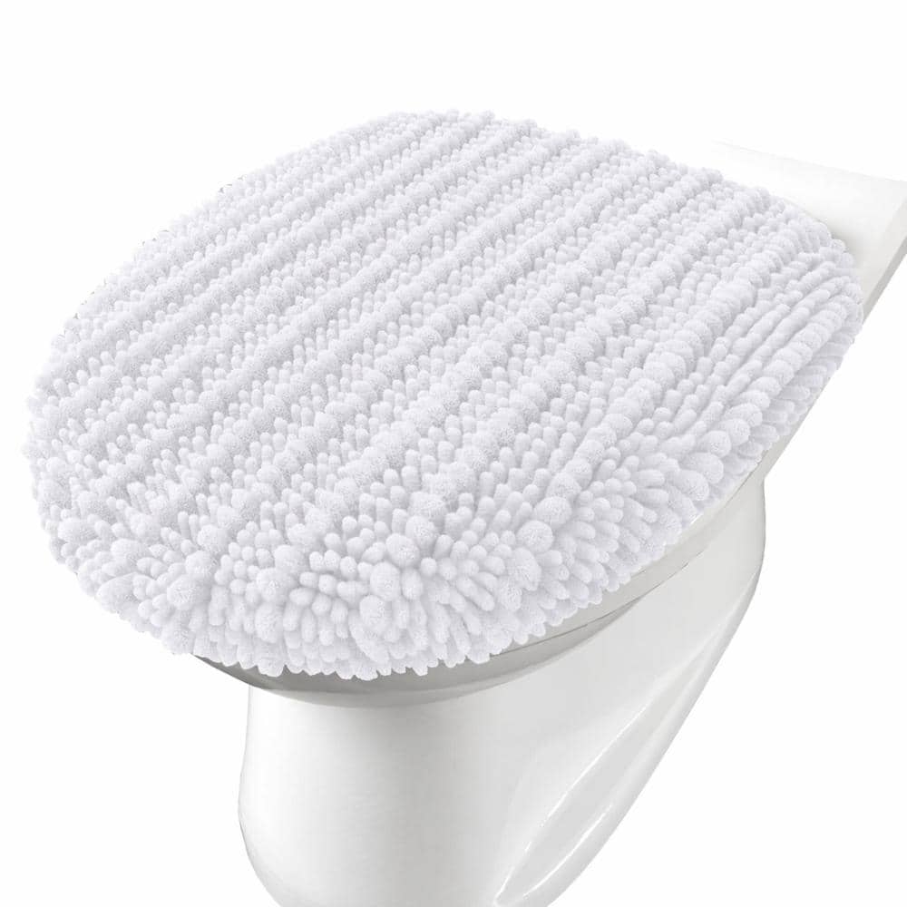 Unbranded Soft Chenille Toilet Lid Cover 17.5 x 15 Inches with Non-Slip Backing and Elastic Edges, White