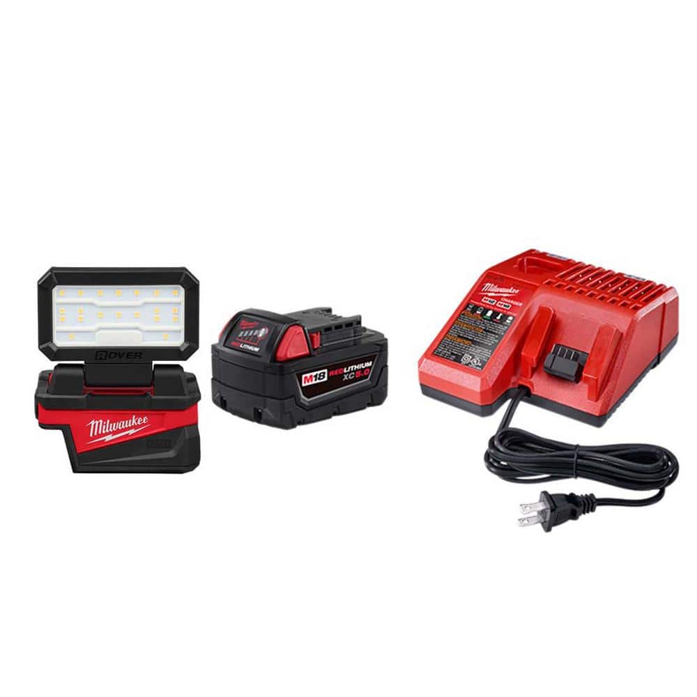 Milwaukee M18 18-Volt Lithium-Ion Cordless 1000 Lumens ROVER Compact Folding Flood Light w/ (1) 5Ah Battery & Charger