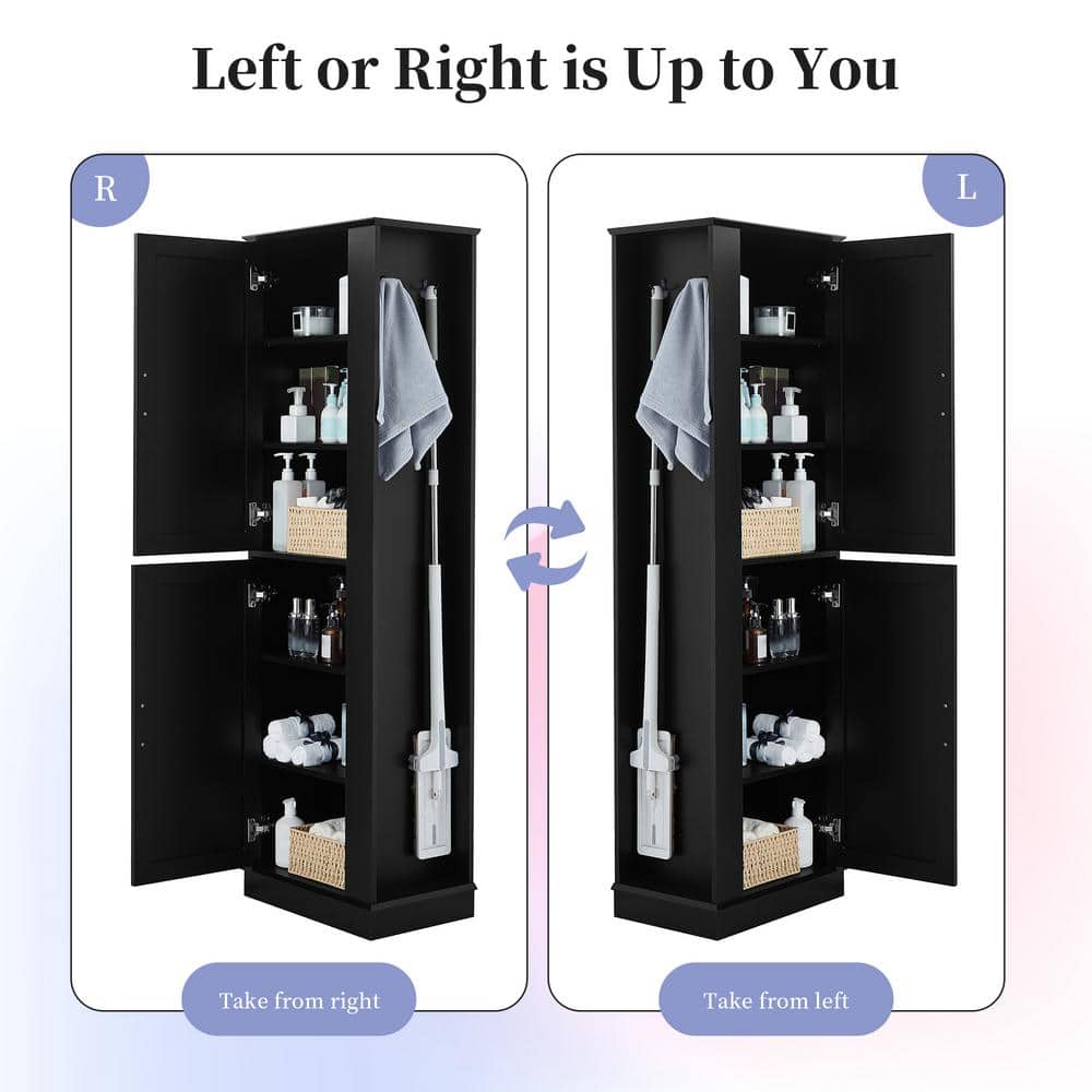 Tileon 21 in. W x 14 in. D x 68 in. H Black Linen Cabinet, Freestanding Bathroom Cabinet with 2 Hooks and Adjustable Shelves (3)