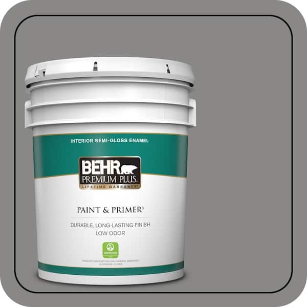 BEHR PREMIUM PLUS 5 gal. #PPU26-04 Falcon Gray Semi-Gloss Enamel Low Odor Interior Paint & Primer (2)