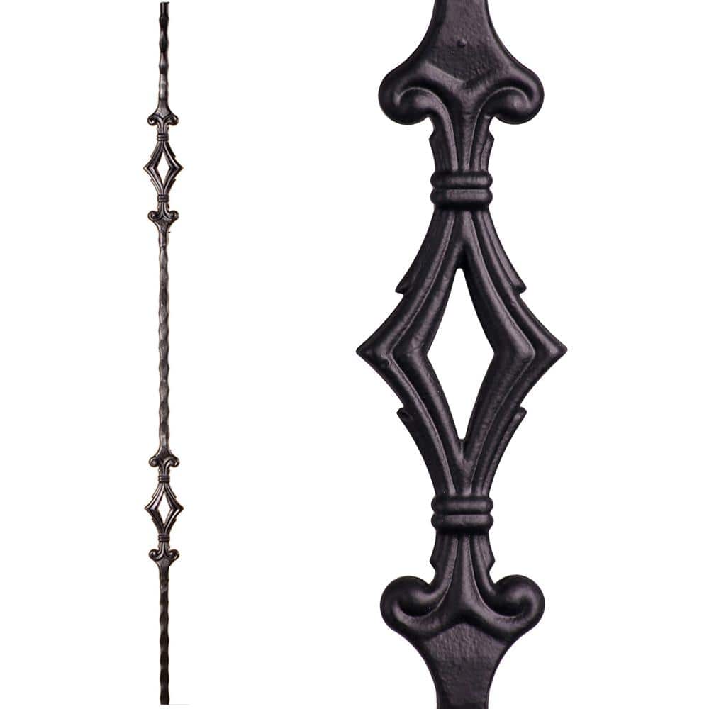 HOUSE OF FORGINGS Tuscan Square Hammered 44 in. x 0.5625 in. Satin Black Double Diamond Solid Wrought Iron Baluster (1)