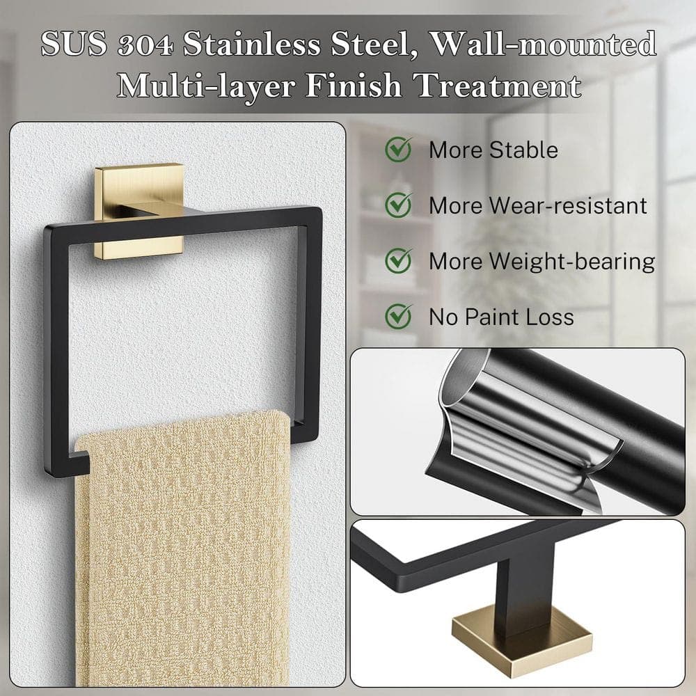 Wudkey 2 Pack Stainless Steel Wall Mounted Square Towel Ring for Bathroom in Black Gold (3)