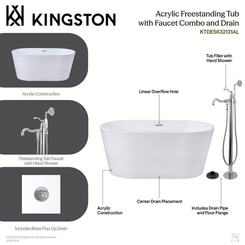 Kingston Brass Aqua Eden 55.5 in. x 31.5 in. Acrylic Flatbottom Soaking Freestanding Bathtub in Glossy White/Polished Chrome (3)